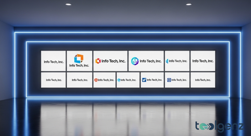 A gallery wall showcasing multiple product logos for "Info Tech, Inc." in a neon-lit, futuristic space. Each logo features a distinct design, highlighting the company's diverse product portfolio.