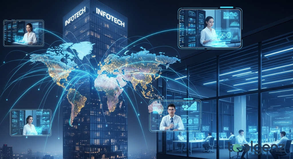 A skyscraper with "INFOTECH" prominently displayed, surrounded by a glowing network connecting various remote offices across a global map. This visual represents InfoTech's global presence and interconnected legacy of innovation.