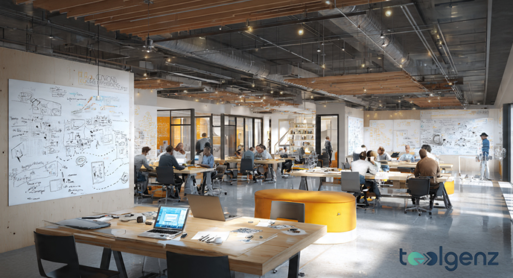 An interior view of the Flowers Invention Studio, a student-run makerspace. Students are seen using 3D printers and laser cutters to build various engineering prototypes.
