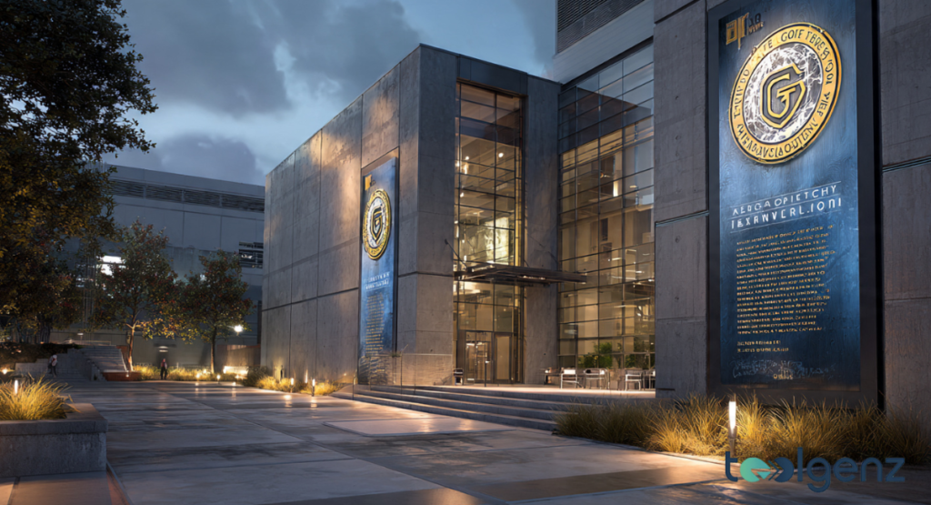 A large, circular golden Institute seal displayed prominently on the side of a modern concrete building at dusk. The seal features intricate engravings and a central shield design.