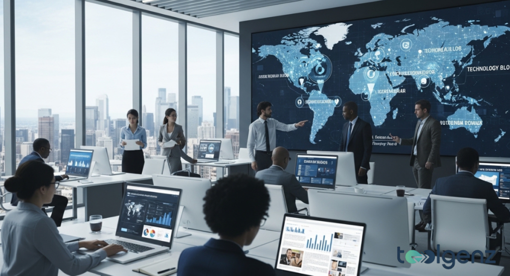 A group of business professionals collaborates in a high-tech conference room, dominated by a large interactive world map displaying global business data and technological hubs. The diverse team and advanced visualization underscore international business and technology discussions.