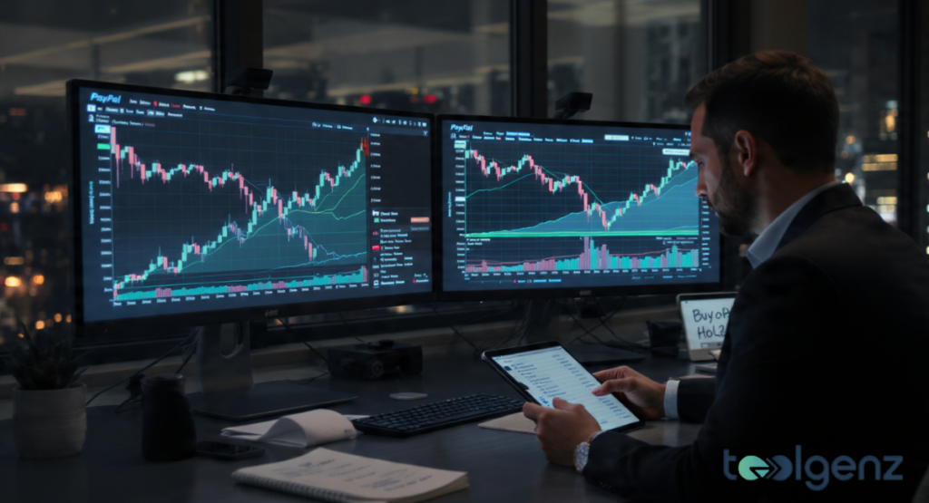A man in a business suit sitting at a dark desk in front of dual monitors displaying detailed stock market candlestick charts and financial data.