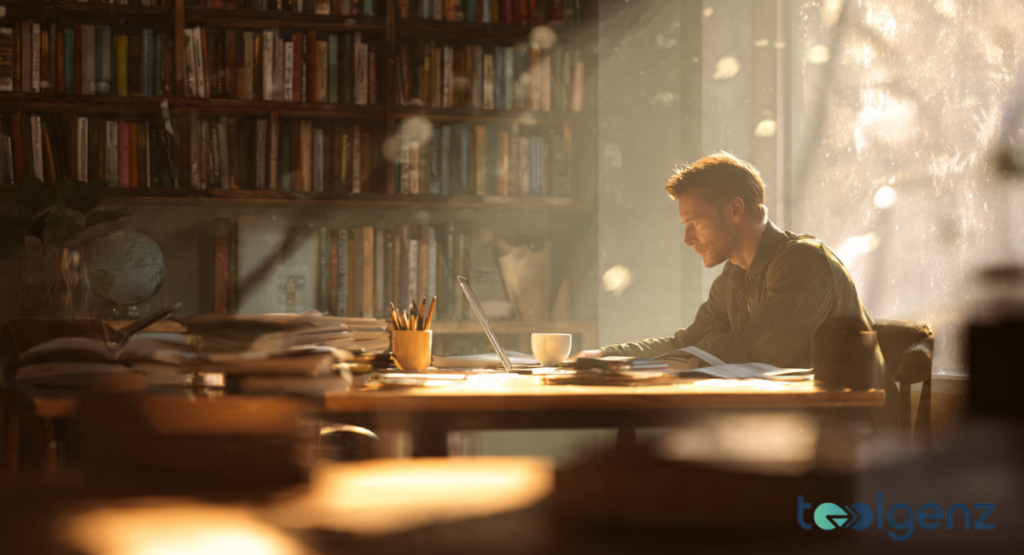 A man sitting in a library-like setting with sunlight streaming through a window, reflecting on his career choice. The scene captures a quiet moment of study and contemplation regarding a future in the teaching profession.