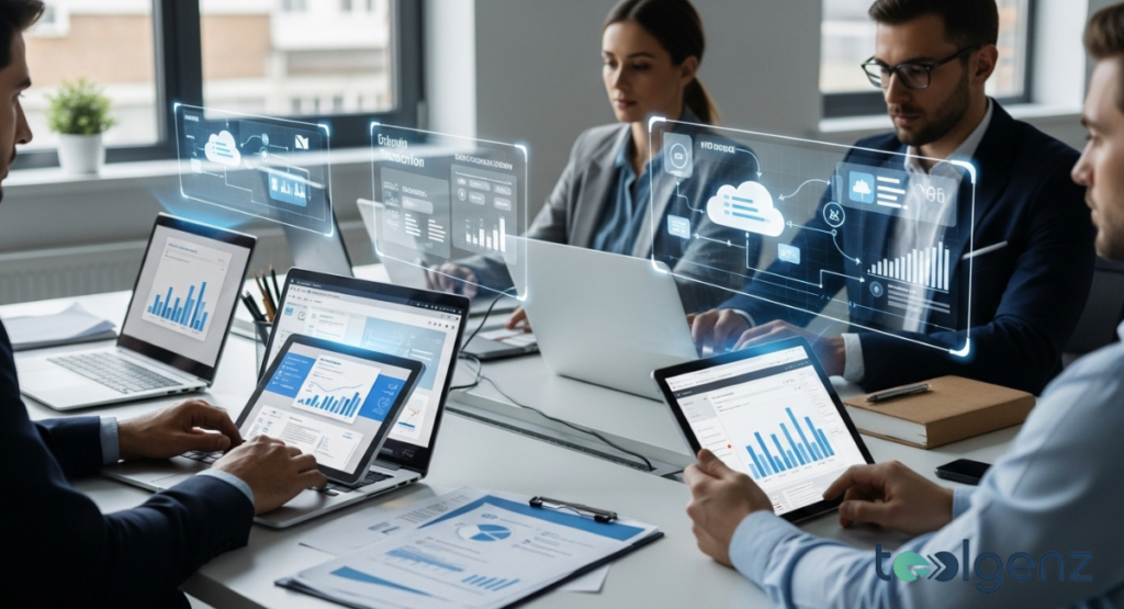 Business professionals in a meeting room, surrounded by holographic displays of financial charts, cloud icons, and data analytics, representing IT financing and payment solutions in InfoTech. The scene suggests a discussion about cloud infrastructure, data management, and strategic financial planning.