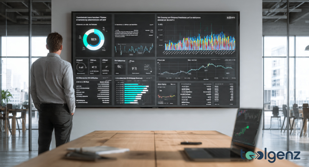 A man stands in a modern office looking at a massive wall-mounted dashboard displaying key statistics and performance metrics.