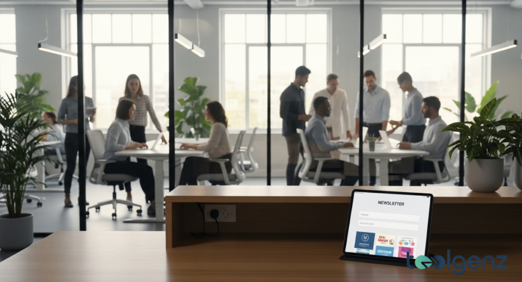 A tranquil office scene where a tablet on a wooden desk shows a newsletter signup form. In the background, colleagues are seen working in a blurred open-plan office setting.