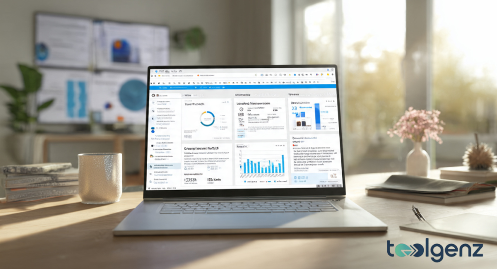 A high-resolution laptop screen displays a sophisticated analytics dashboard featuring various colorful data visualizations, including circular progress charts, bar graphs, and detailed metric cards.