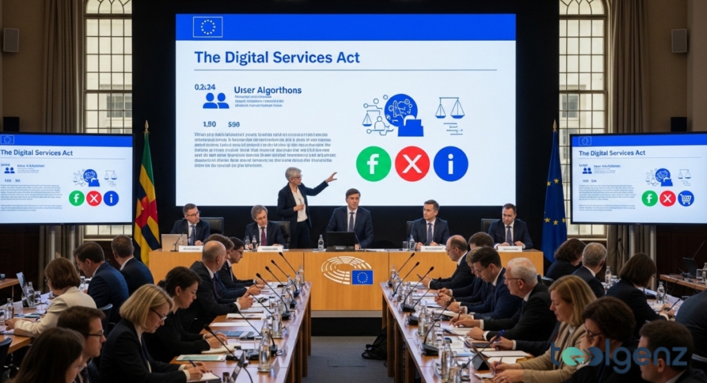 An official presentation regarding the Digital Services Act is held in a formal European assembly hall. The screen displays icons representing user algorithms, legal balances, and social media platforms.