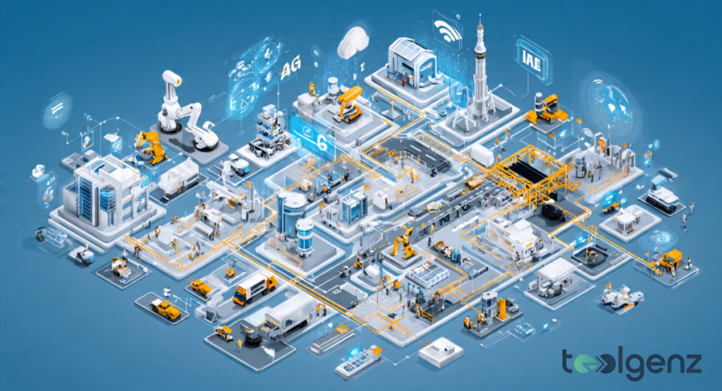 An isometric 3D illustration of a futuristic industrial and technological park featuring automated robotic arms, 5G network towers, smart transport vehicles, and modular clean-energy buildings connected by glowing data paths.