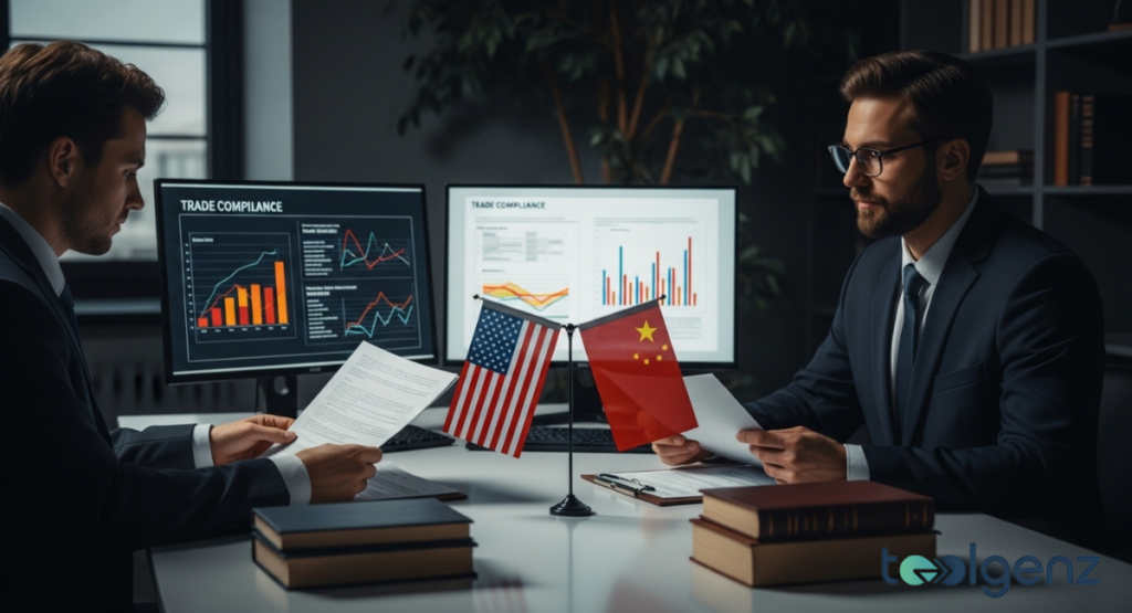 Two legal experts review documents at a desk featuring miniature American and Chinese flags and trade compliance software. Stacked law books suggest a focus on complex international regulations.
