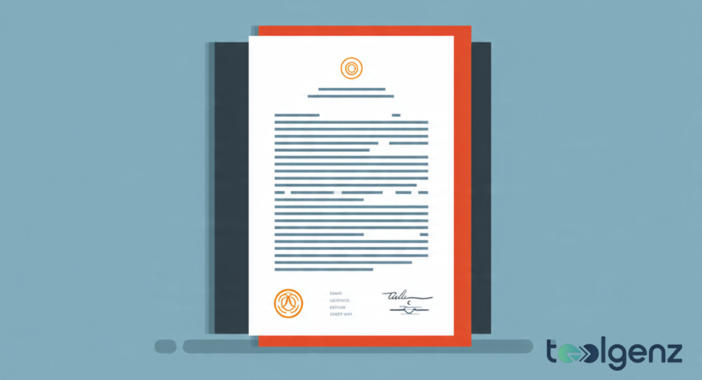 A professional-looking document featuring a orange circular logo and a signature, laid against a dark grey and orange background on a light blue surface.