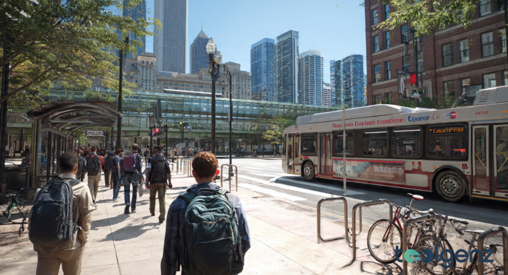 Students walking along a sunny city sidewalk next to a public transit bus and a glass-enclosed pedestrian bridge. The urban setting provides easy access to campus via multiple modes of transportation.