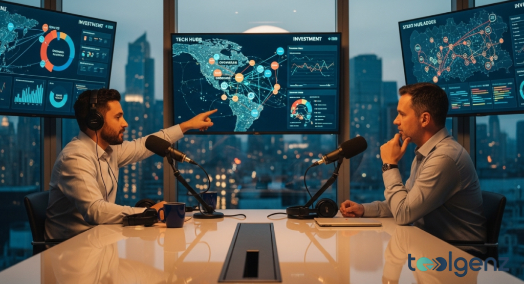Two men in a modern setting are hosting a podcast, with one pointing to a large screen displaying a global tech hub map. This visual representation supports a discussion on investment and ecosystem growth. best tech startup podcasts