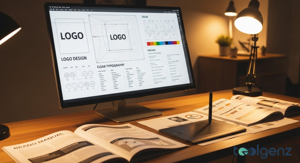 A computer monitor displays detailed logo design guidelines, including grid systems, clear typography, and color palettes, on a desk with open brand manuals. The organized workspace emphasizes the meticulous process of creating and adhering to brand standards.
