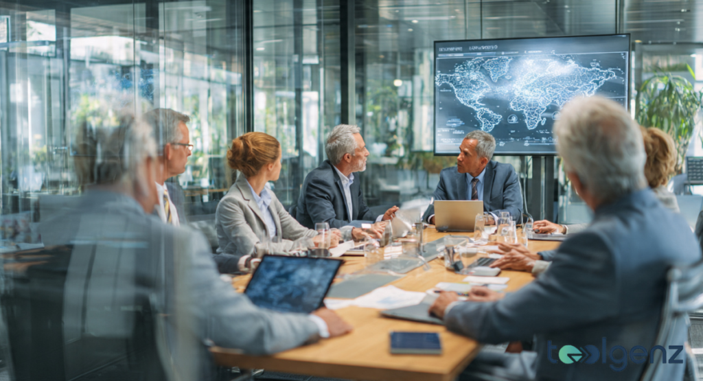 A diverse group of senior executives engaged in a high-level boardroom meeting with a world map displayed on a screen.