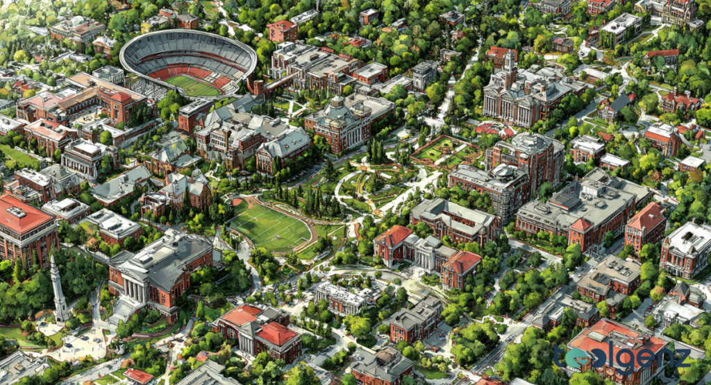 An illustrated, hand-drawn style map of a prominent university campus, featuring detailed renderings of major landmarks, winding roads, and iconic athletic venues in a vibrant color scheme.
