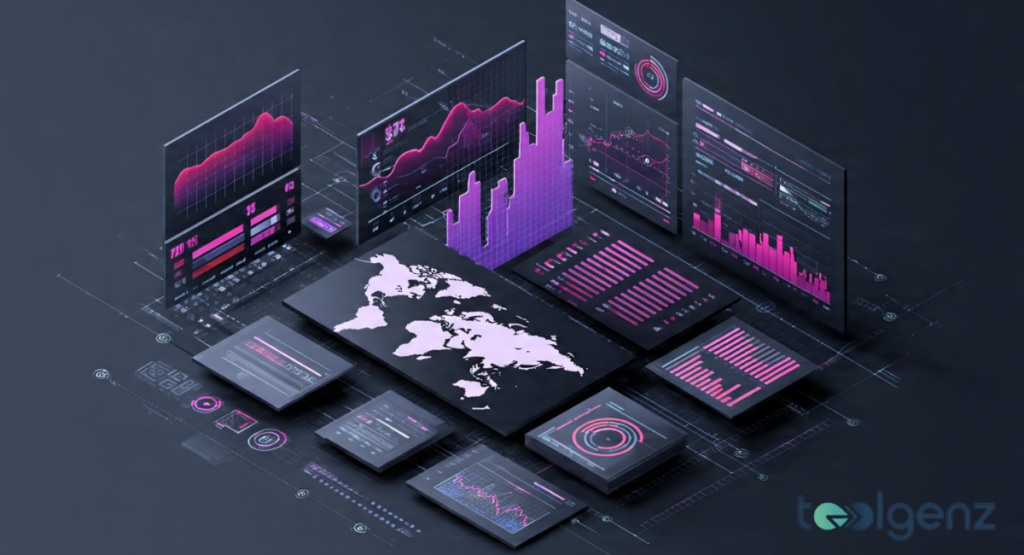 An isometric 3D visualization from BagelTechNews showing a dark gray surface covered with floating pink digital dashboards, world maps, and 3D bar graphs representing global market analytics.