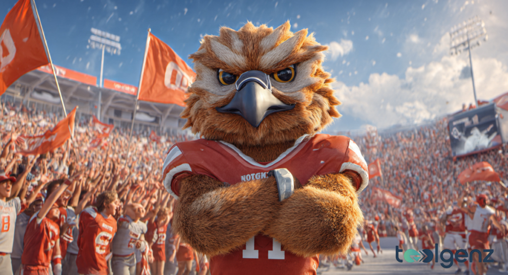 A fierce, brown feathered hawk mascot wearing a red jersey stands before a cheering stadium crowd. The mascot has its arms crossed confidently under a bright, clear blue sky.