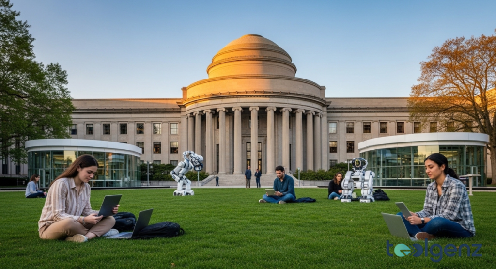 Students and robots interact on a sunny green lawn in front of MIT's iconic Great Dome. This vibrant campus scene blends tradition with cutting-edge innovation.