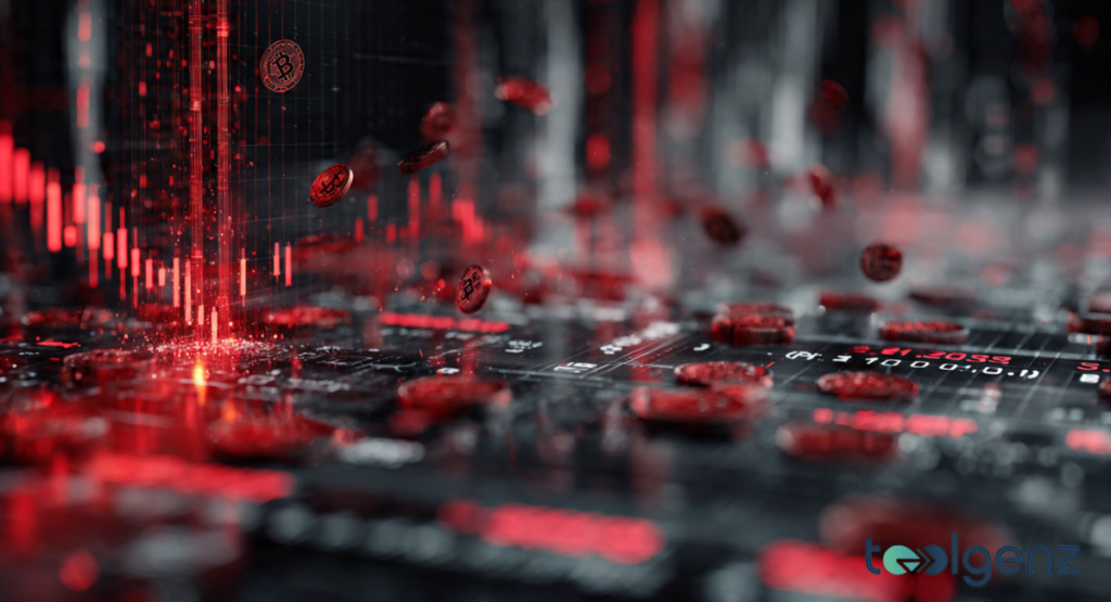 An isometric 3D illustration of a Bitcoin symbol glowing amidst a digital landscape of sharp, red downward-trending lines and falling bar graphs.