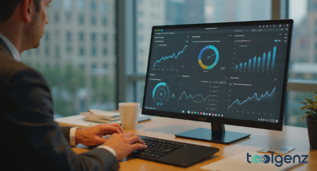 A businessman at a desk viewing a dark-mode analytics dashboard with circular progress charts and graphs.