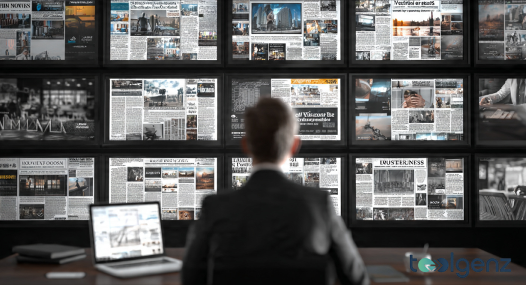 A silhouette of a professional viewed from behind, looking at a wall of monitors displaying various newspaper headlines and news reports.