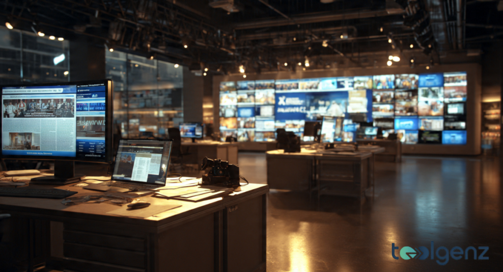 A newsroom-style office at night with multiple television monitors in the background showing various news broadcasts. A desk in the foreground holds a laptop and papers.