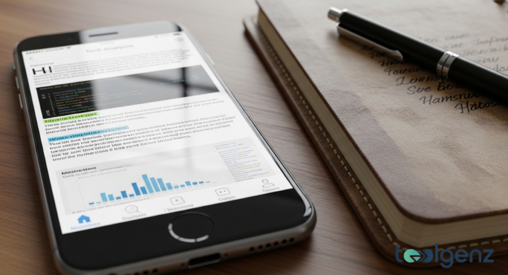 A smartphone showcasing an article on Medium, next to a notebook and a pen. The content on the screen appears to be in-depth tech analysis, suggesting thoughtful reading.