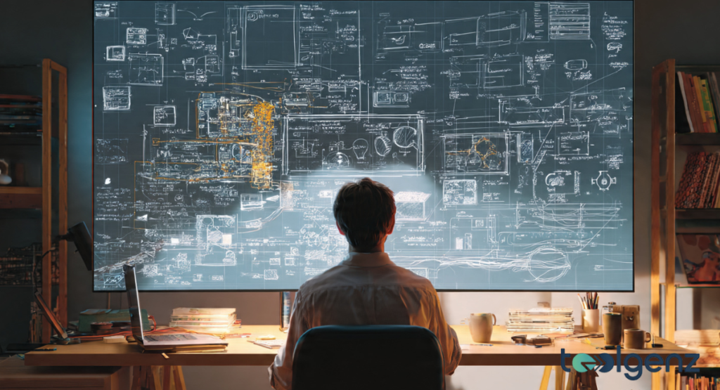 tom Warren observes a massive, glowing wall-sized display filled with intricate white blueprints, circuit designs, and technical schematics. The person sits in a dark room, illuminated only by the light of the complex digital board.