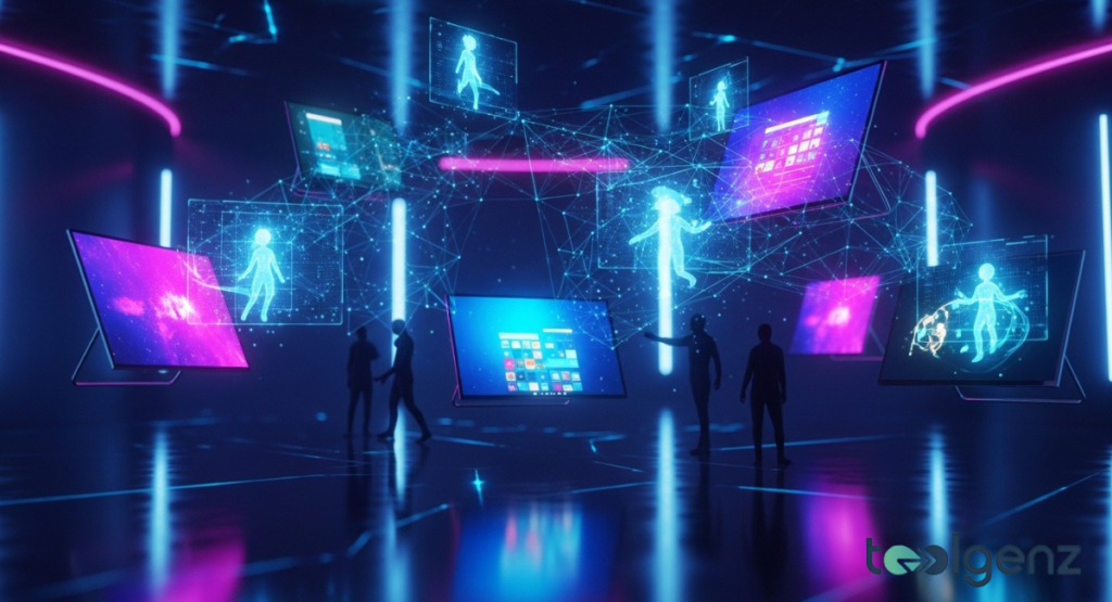 Silhouettes of people interact with large, glowing screens in a dark, futuristic room.