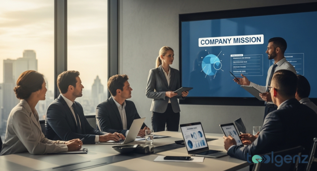 A diverse team of business professionals attend a "Company Mission" presentation in a bright boardroom. A male presenter uses a large screen displaying charts and diagrams to outline strategic goals.