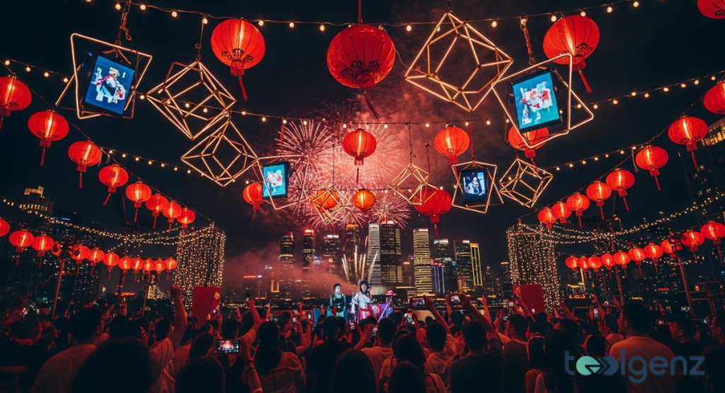 A high-angle view of a modern night festival with glowing geometric light installations and red lanterns. A large crowd watches a performance on a stage with a city skyline behind it.