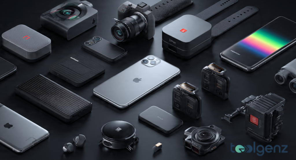 A conceptual rendering of a foldable smartphone and a pair of augmented reality smart glasses.