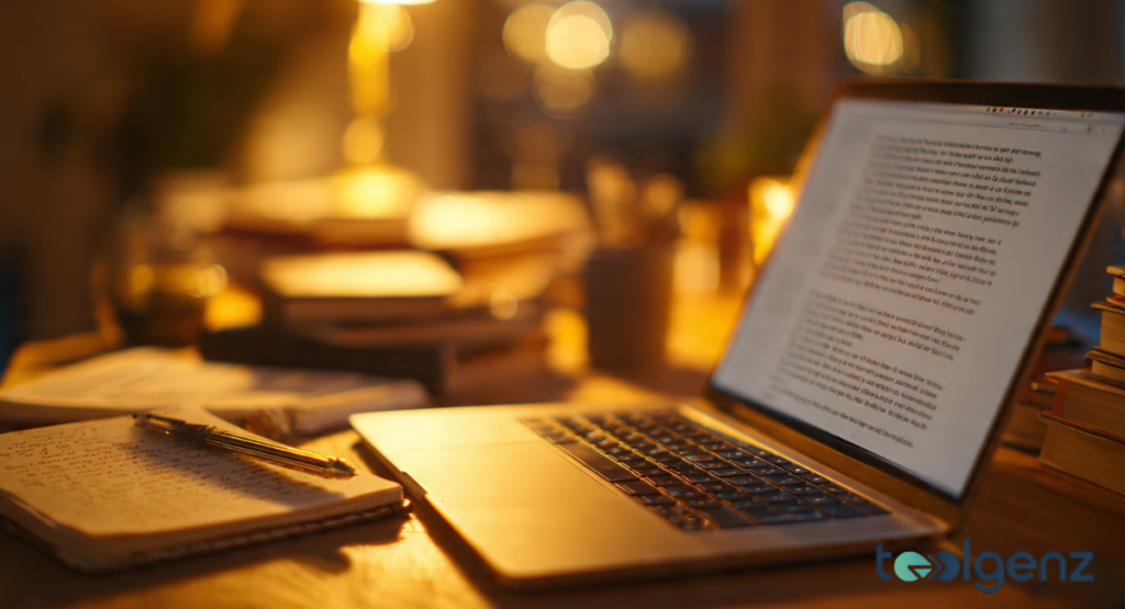 A laptop open on a desk in a warm, dimly lit room, displaying a long-form article or personal letter.