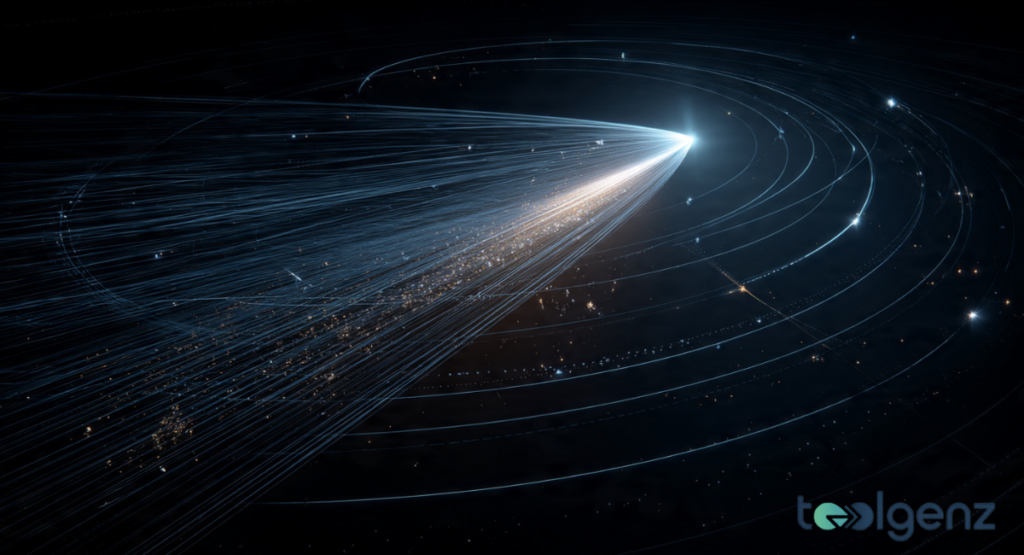 A wide-angle digital visualization of a planetary system with concentric orbital rings and a bright object leaving a wide trail.