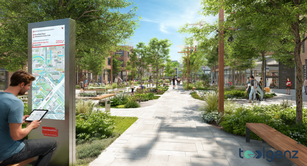 A sleek digital navigation kiosk stands along a paved pedestrian walkway surrounded by lush greenery. A student sits nearby, using a tablet to reference the campus map.
