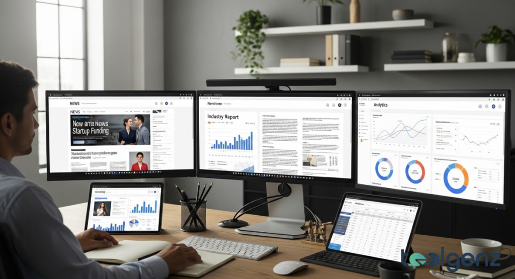 A person sits at a desk, surrounded by multiple monitors and devices all displaying news reports and industry insights, possibly from OnStartups. This setup exemplifies comprehensive information gathering and analysis for business intelligence.