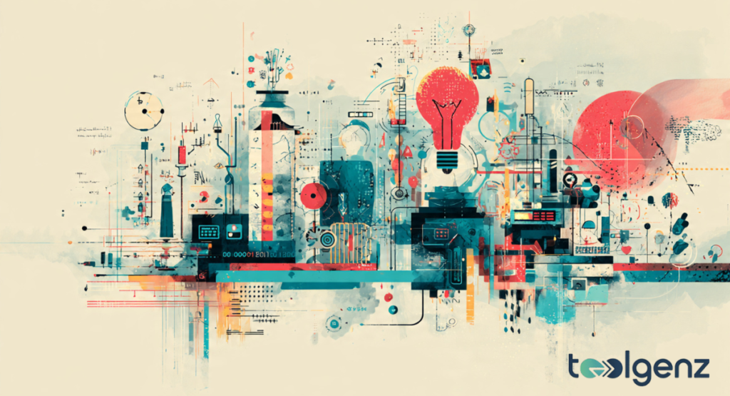 An artistic digital illustration of a large, glowing lightbulb filled with intricate golden gears and mechanical parts, surrounded by floating icons representing diverse industries like medicine, energy, and communication.