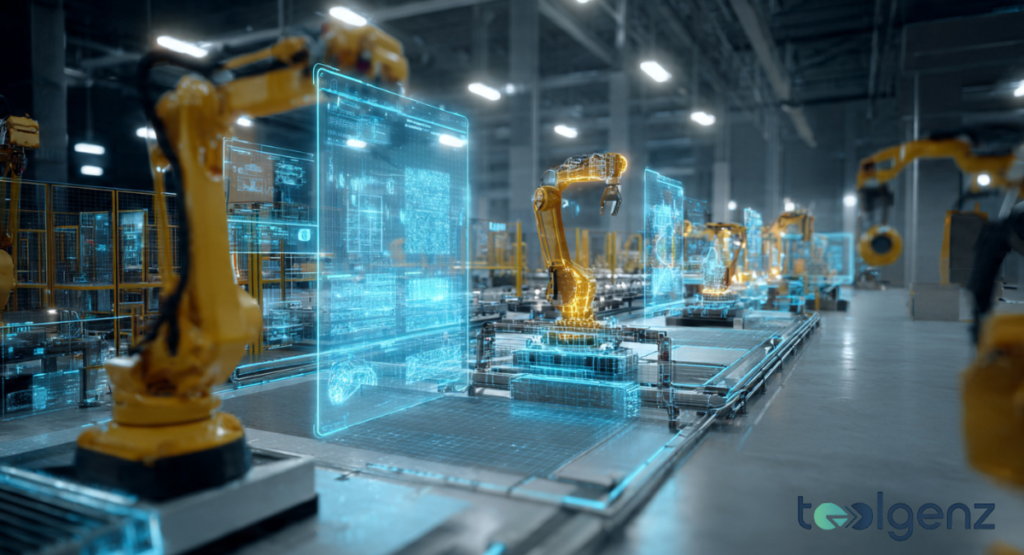 An automated factory floor featuring yellow robotic arms interacting with glowing holographic data interfaces and circuit blueprints. This collaboration between NVIDIA and Dassault Systèmes showcases the future of industrial digital twins.