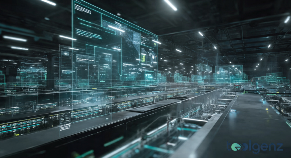 A perspective view of a massive, dark data center filled with rows of high-performance servers and floating teal holographic diagnostic panels.