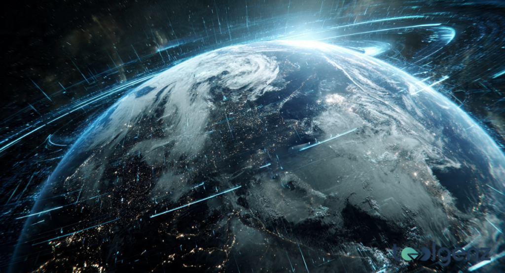 A cinematic view of planet Earth from space, surrounded by glowing orbital data rings and shimmering digital networks.