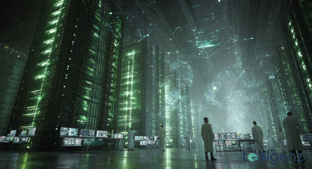 Scientists in white lab coats standing within a cathedral-like server room illuminated by towering columns of green light and neural network projections.