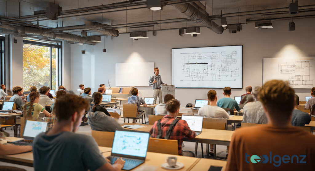 A lecture hall filled with students using laptops while an instructor stands at the front by a large digital screen.