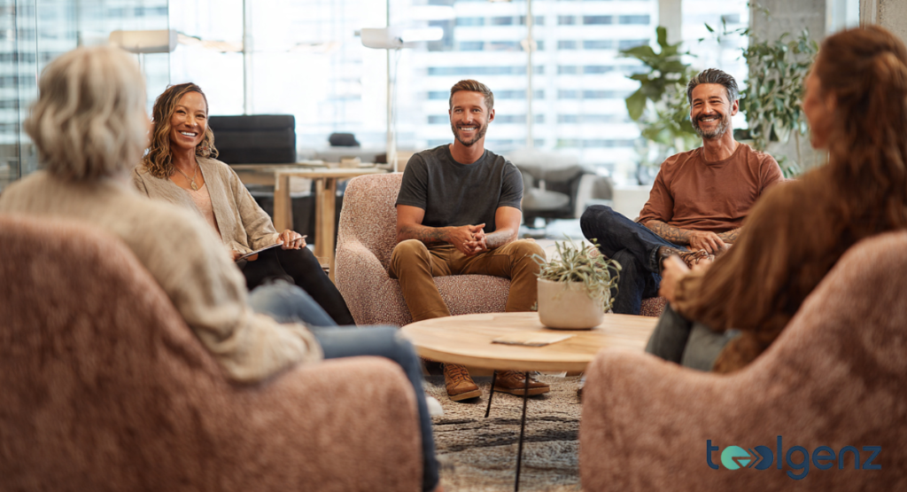 A group of colleagues sharing a laugh during a casual coffee break in a lounge area.