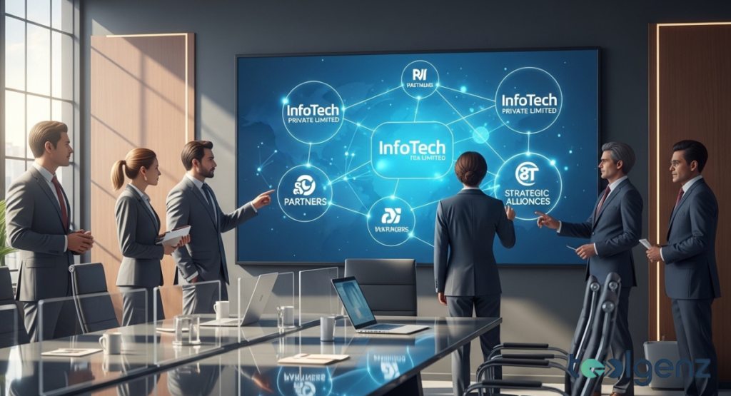 A group of business executives in a boardroom discusses a large screen displaying InfoTech's partner overview, showing a central network of strategic alliances. The interconnected logos and lines illustrate the company's extensive partner ecosystem and collaborative strategy.