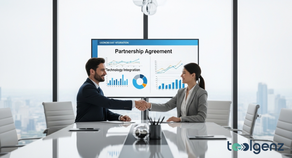 Two business executives shake hands across a conference table, finalizing a "Partnership Agreement" displayed on a large screen behind them. The screen shows positive financial charts, signifying successful collaboration.
