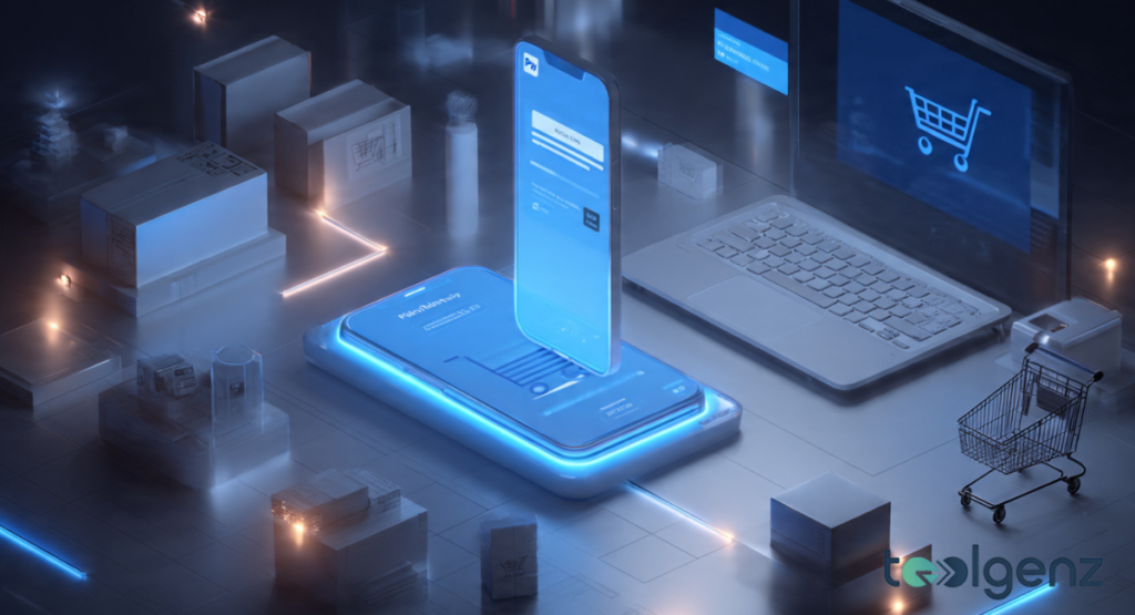 A 3D digital illustration featuring a glowing blue smartphone interface displaying a shopping cart, surrounded by abstract e-commerce elements like cardboard boxes, a miniature shopping cart, and a laptop.
