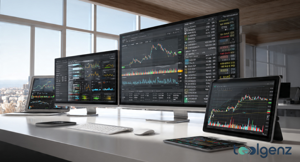 A wide-angle view of multiple tablets and monitors showing a portfolio of related stocks and sector-specific equities.