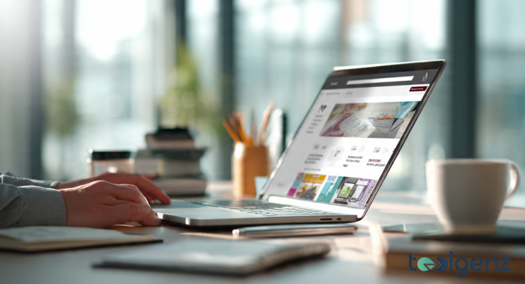 A close-up side view of a person using a laptop to browse a registration website.