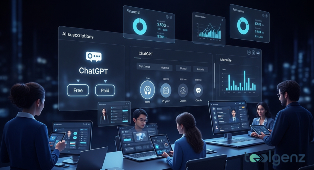 A group of business professionals in a boardroom analyze holographic displays showing ChatGPT pricing options, "Free" and "Paid" access, and various AI alternatives like Bard and Claude. The financial charts and comparative data offer insights into AI subscriptions and competitive options.